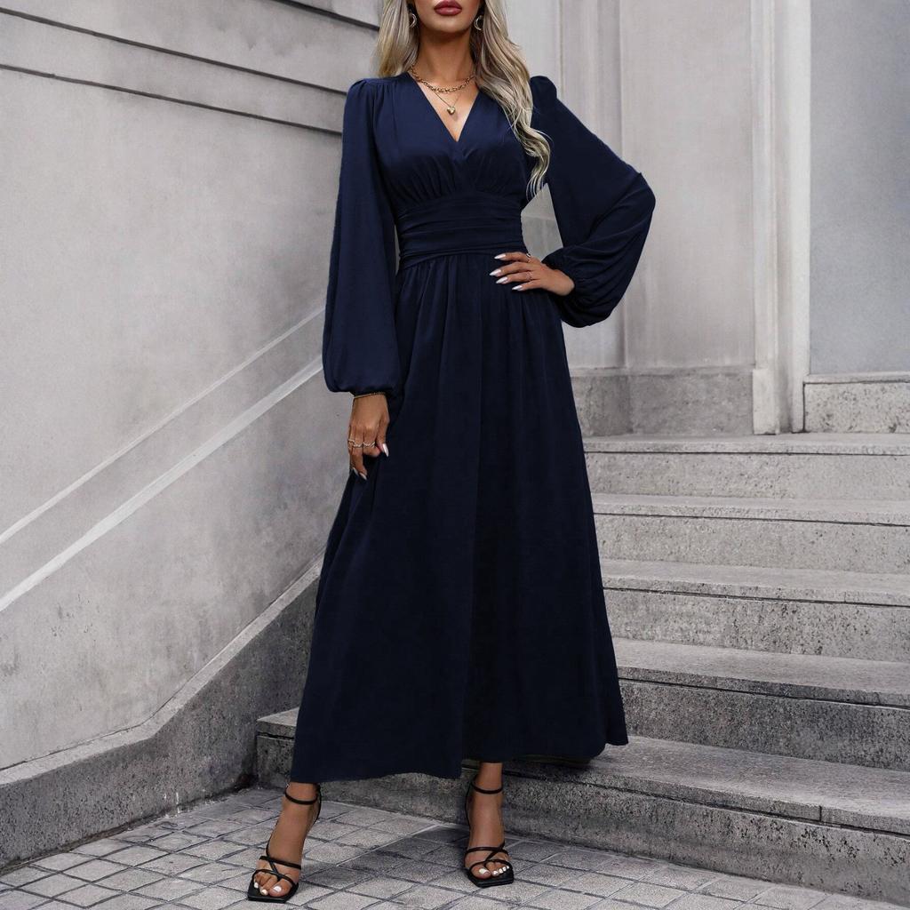 Women's Fashionable Color V-neck Long Sleeved Slit Dress