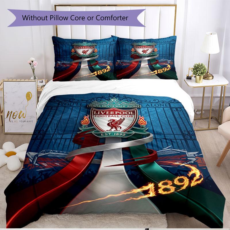 Parure de lit 3 pièces avec housse de couette (1*Housse de couette + 2*Taie d'oreiller, sans noyau), Ensemble de literie doux toutes saisons avec impression du Liverpool Football Club, Décoration de chambre à coucher à la maison Cadeau