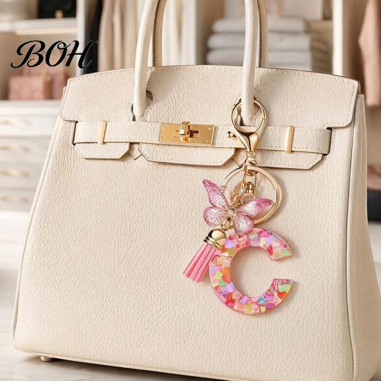 Compact Keychain Pink Series Pendant, Sequins Heart Initial Letter Charm Key Chain with Durable Butterfly Tassel Design, A-Z Holder for Bag