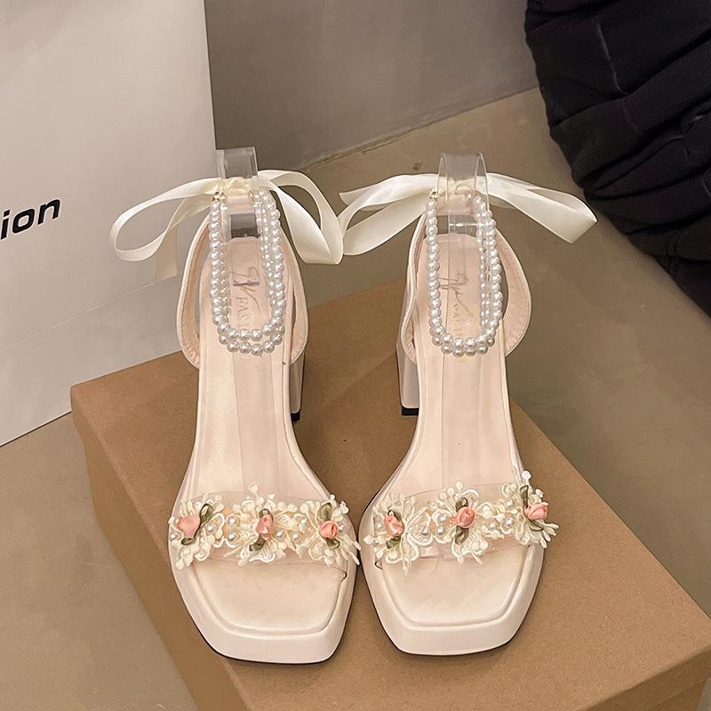 Mary Jane Shoes Women's Summer 2025 New French Bow Flower Pearl Sandals Square Head Thick Heel High Heels