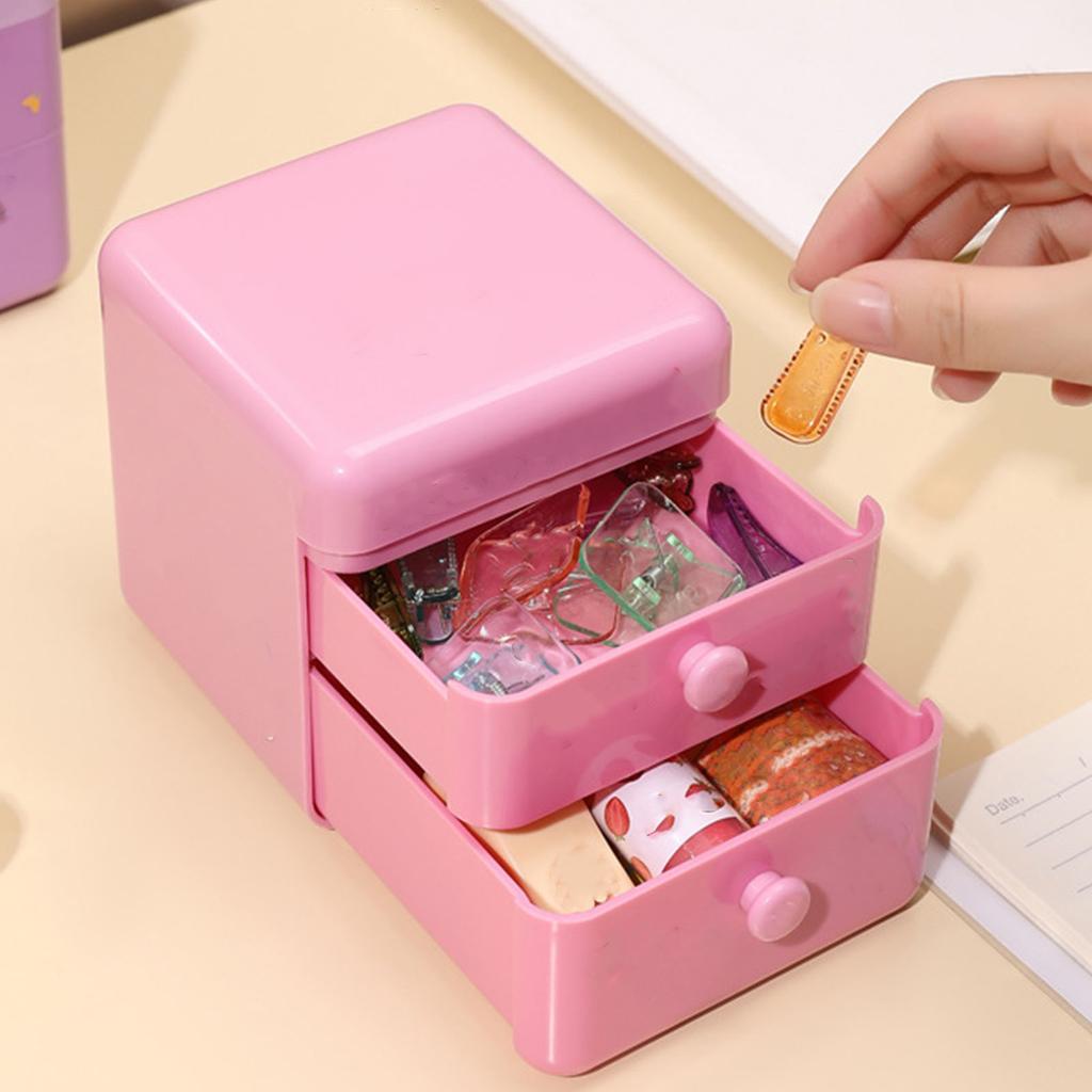 Desk Storage Box with 2 Drawers and   Lid Plastic Cute     Desktop Jewelry Stationary   for Home Dorm