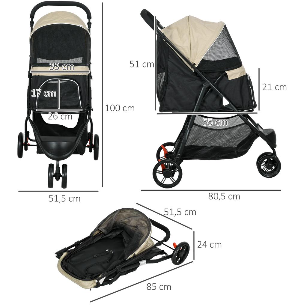 Foldable Pet Stroller w/ Rain Cover, for XS Dogs, S Dogs - Khaki
