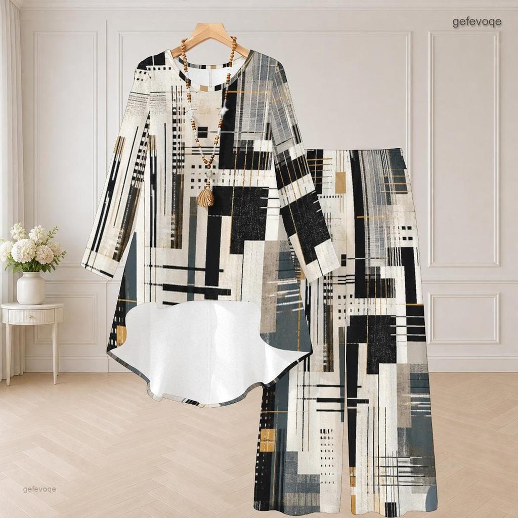 Women Plus Size Round Neck Long Sleeve Printed Navy Blue White High Low Top Wide Leg Pants Two Piece Set