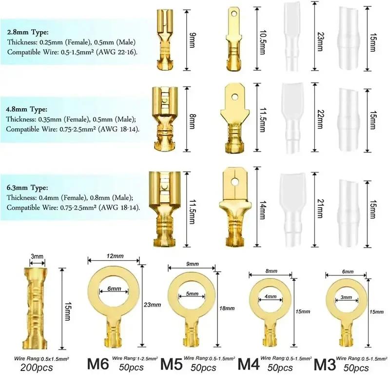120/270/315PCS Splice Male and Female Wire Spade Connector Crimp Terminal Block Assortment Kit Golden with Insulating Sleeve