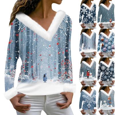 Women's Fashion Casual Long Sleeve V-Neck Christmas Printed Plush Top