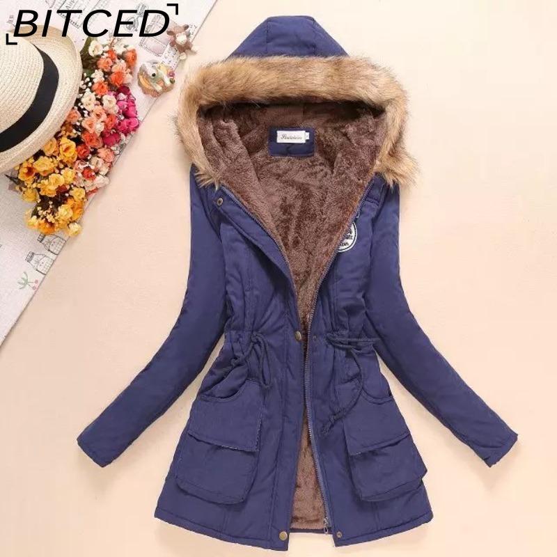 BITCED Fall/Winter Women's Plus Size Thickened Standard-Fit Long-Sleeve Hooded Shearling-Lined Cotton Jacket
