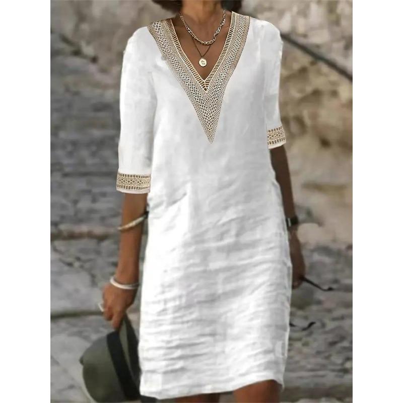 Spring and Summer Solid Color V-neck Cotton and Linen Dress
