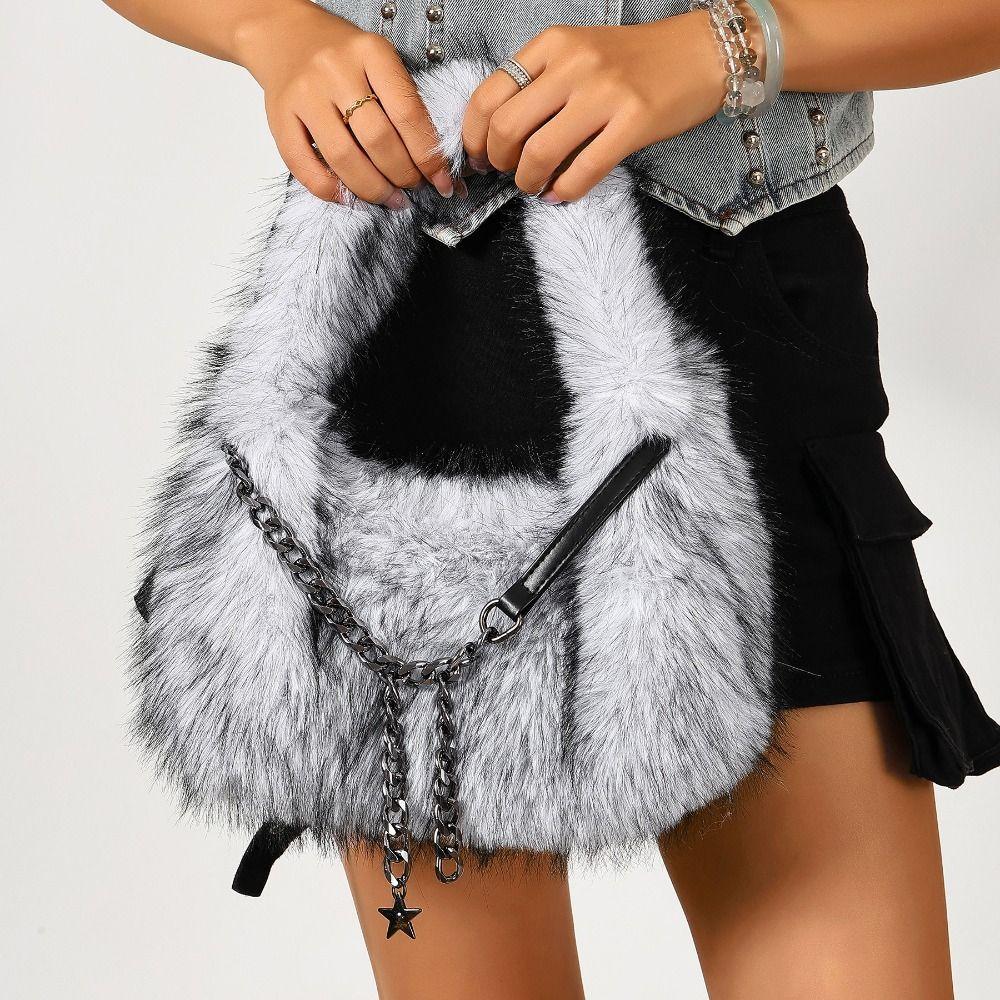 Portable Faux Fur Shoulder Bags Y2k Fluffy Tote Bag Portable Fluffy Hobo Bags Dating