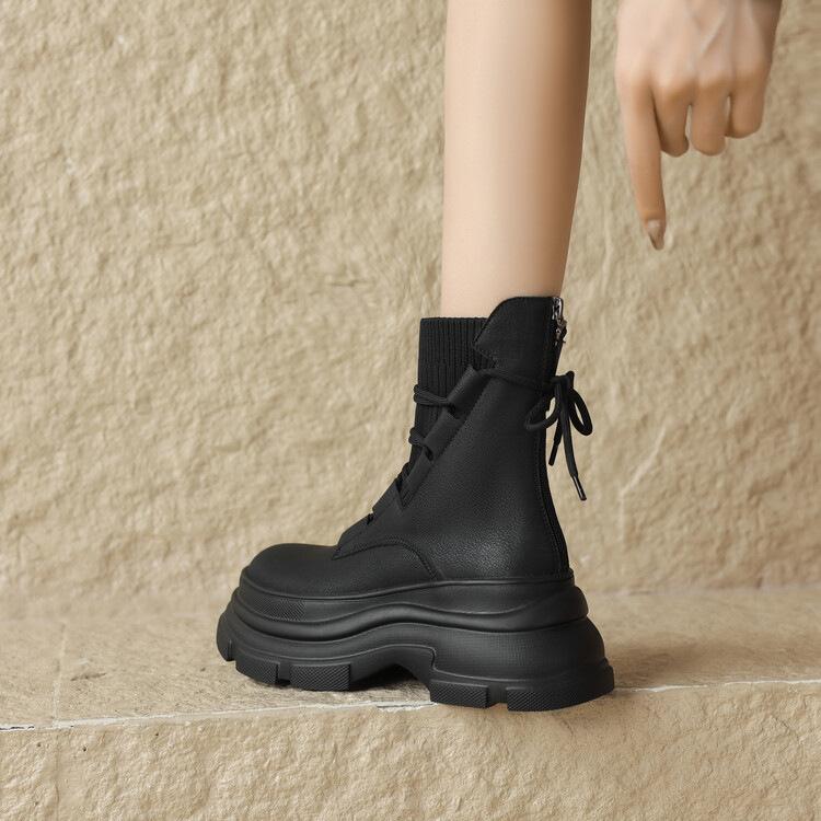 Herbst und Winter 2025 neue Mode Martin Stiefel Damen Plateau kleine Mann Höhe erhöhen Schnürung vorne Muffin Plateau kurze Stiefel