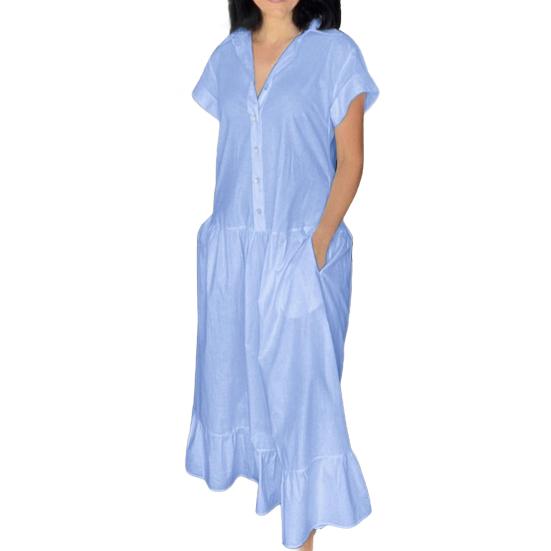 

Женское летнее платье с лацканами и короткими рукавами, однотонное однобортное повседневное длинное платье для выпускного вечера, платье для повседневной носки S небесно-голубой