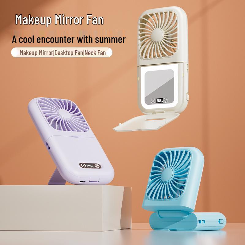 Portable Neck-Hanging USB Fan with Foldable Stand and Makeup Mirror