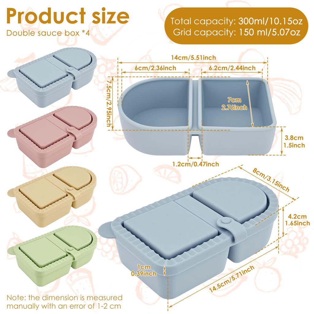 4Pcs Silicone Snack Container Portable Double Compartment Sauce Box Leakproof Stackable Dressing Food Storage Box for Outdoor