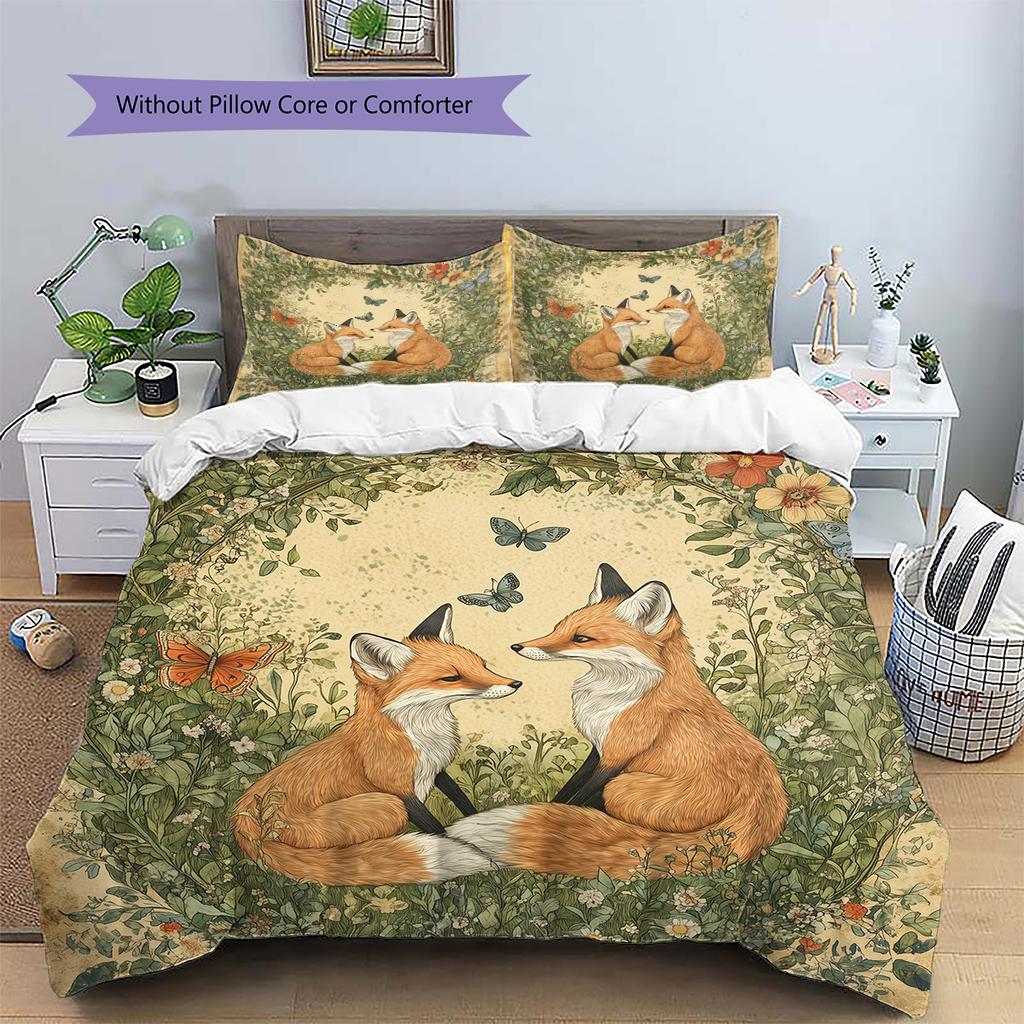 Biancheria da letto con motivo volpi e fiori Decorazione per la casa Regalo di compleanno (1 * copripiumino + 2 * federa, senza nucleo)