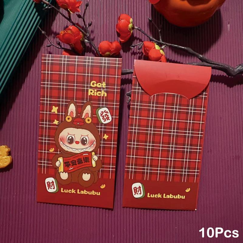 Lot de 10 enveloppes rouges Labubu de l'année chinoise, mignonnes, animées, pour le festival du printemps, pour enfants, porte-bonheur, cadeau de mariage