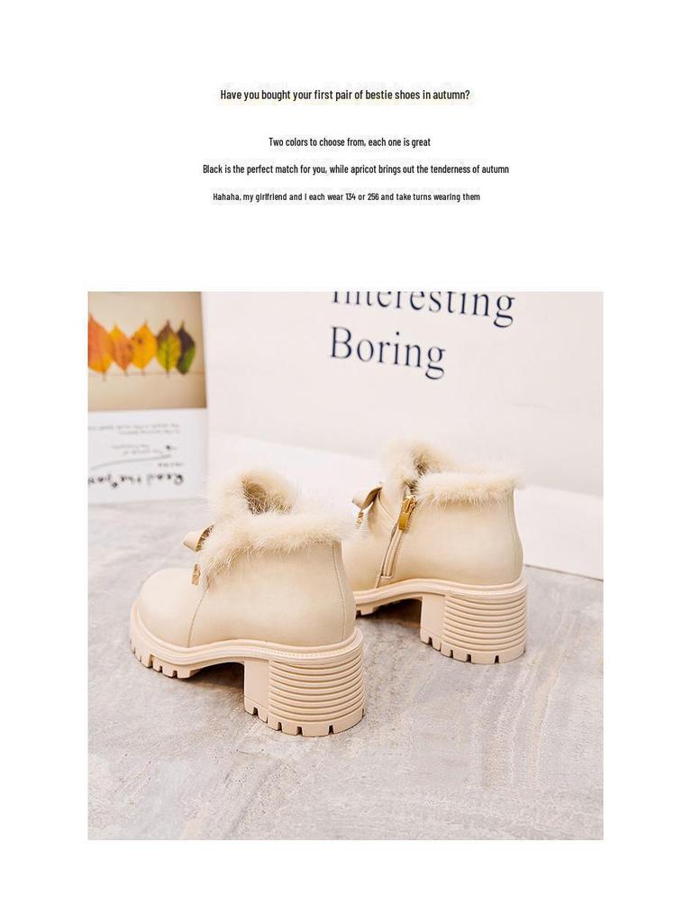 2024 Korean Style Women's High Heel Short Boots with Cotton & Velvet - Autumn/Winter Versatile Fur Footwear