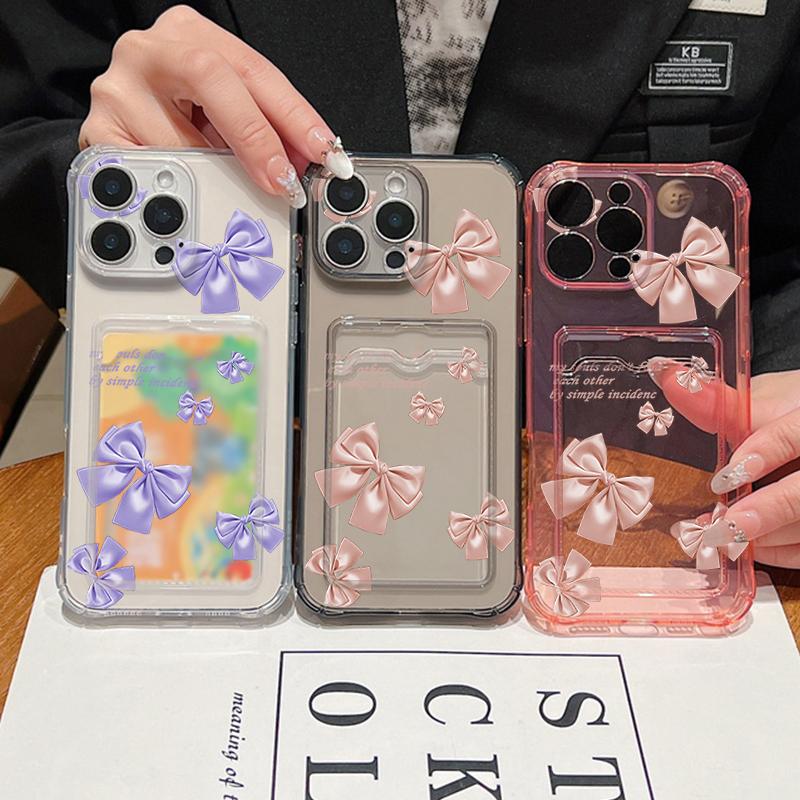 Solid Color Bowknot Print Transparent Card Slot Phone Case For iPhone 16 15 Pro 14 Pro Max 13 12 11 Clear Shockproof Slim Soft Silicone Bumper Cover