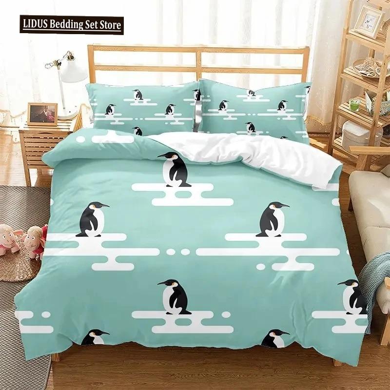 Cartoon Penguin Duvet Cover Set For Boys Girl Animated Antarctic Animal Polyester Quilt Cover White Black King Queen Size