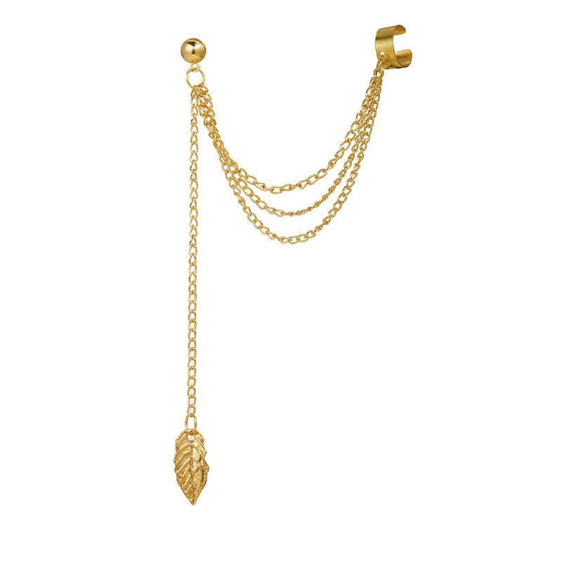 Boucles d'oreilles pendantes créatives minimalistes à chaîne feuille avec pampilles en métal, boucles d'oreilles à clip pour femmes, bijoux