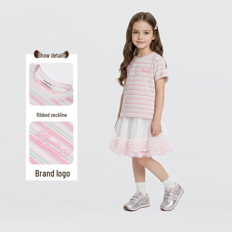 PawinPaw Girls' Cartoon Bear Striped Short Sleeve T-Shirt