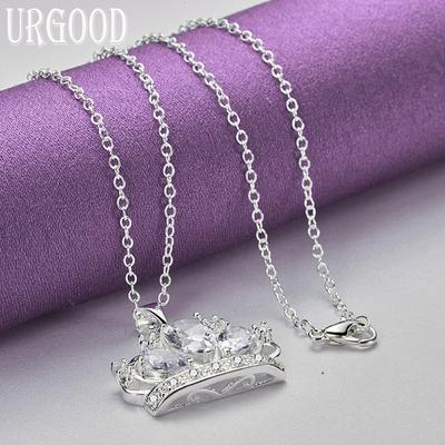 925 Sterling Silver Crown Zircon Pendant Necklace Wedding Fashion Jewelry