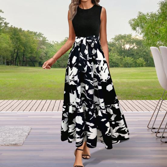 Damen Sommerkleid Rundhalsausschnitt Kurzarm Druck Splicing Design Midikleid