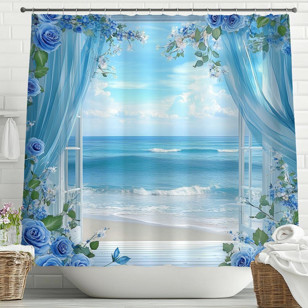 

Blue Ocean Beach Scenery Outside The Window Shower Curtain, Bathroom Decorative Shower Curtains, Home Curtain With Hooks W60H190(CM)-1 Pcs