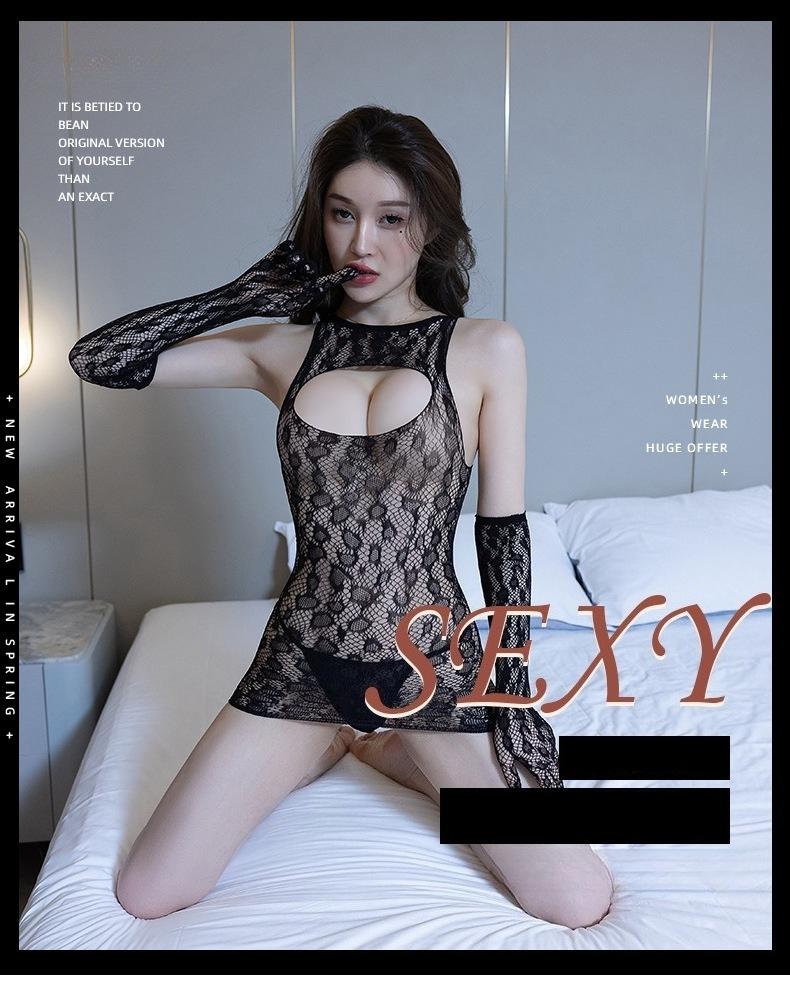 Women's Mesh Bodysuit with Cut-Out Gloves Sheer Lace High-Waisted Bodysuit for Women Teasing Lingerie for Evening Nightwear