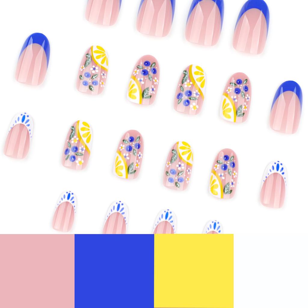 French Blue Lemon Fake Nails - Short Round Tips for a Fresh Look