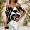 Women Plus Size Cold Shoulder Double Strap Short Sleeve Top Tie Dye Striped V Neck Blouse