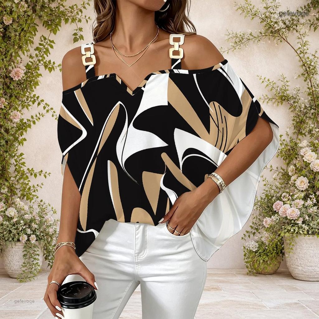 Women Plus Size Cold Shoulder Double Strap Short Sleeve Top Tie Dye Striped V Neck Blouse