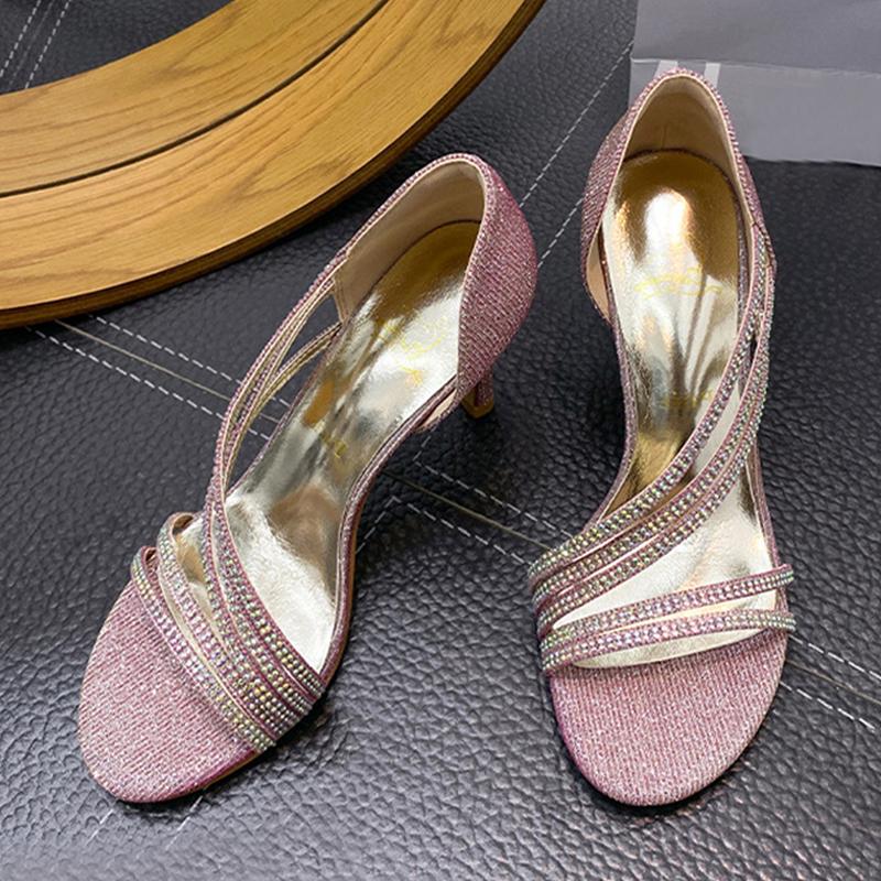 

Летняя мода Женские сандалии со стразами и пайетками Кристальные узкие ремешки Открытый носок Розовые туфли на высоком каблуке Свадебная обувь для выпускного вечера Размер 40 40