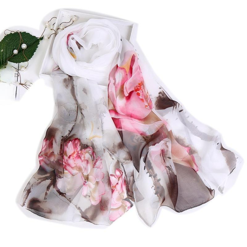 Fashion Thin and Long Printed Silk Scarf Sunscreen Scarf Simulation Silk Decoration Sunscreen Silk Scarf Women Spring and Summer