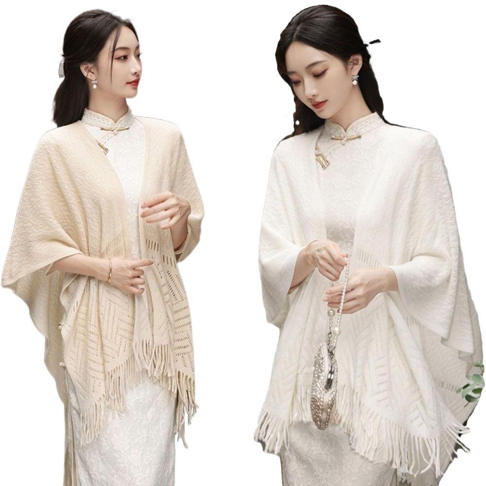 

Sun Protection Cheongsam Shawl Shawl Coats Thin Tassel Air-conditioned Shirt For Women Lady Girl бежевий