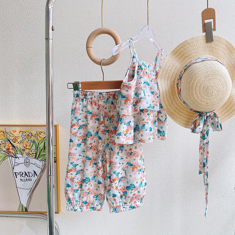 

Girls Floral Tank Top & Casual Pants Two-Piece Set with Hat - Summer Style RX1927 Size 110