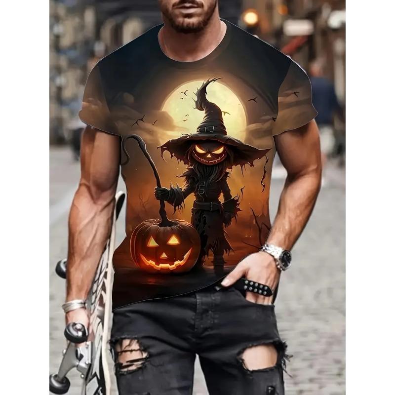 Men's Halloween Pattern Printed T-shirt Sports Short Sleeved Crew Neck T-shirt for Summer Outdoor Fitness Workout Men's Clothing