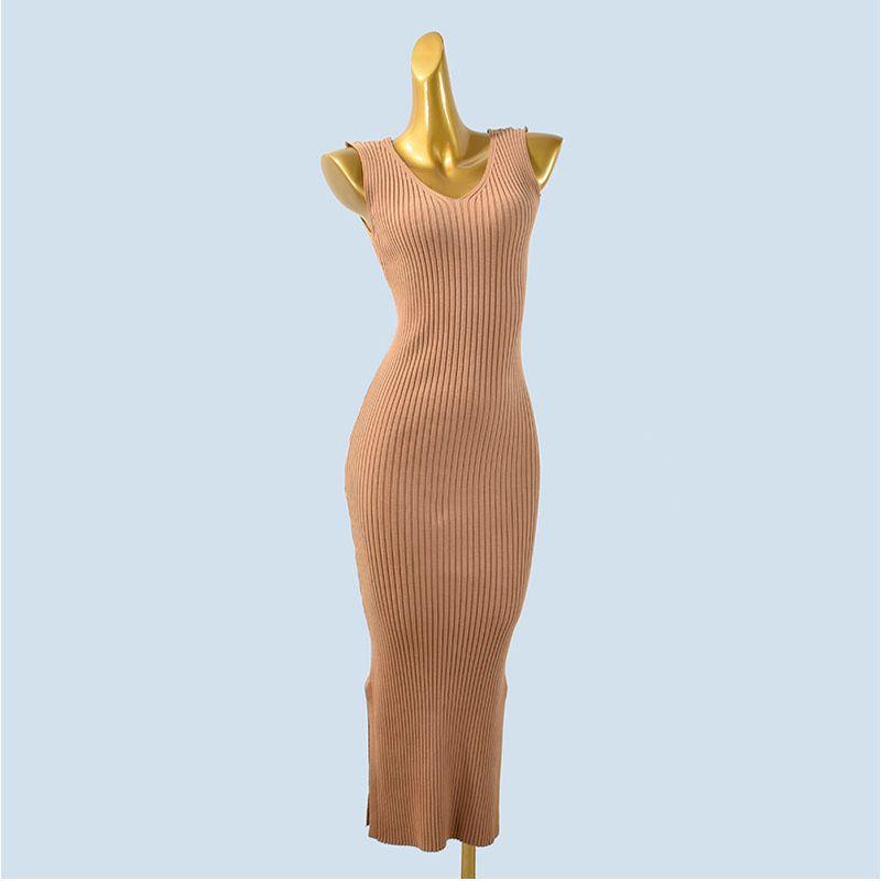 Double V Neck Knitting Sweater Soft Glutinous Stretch Fall/Winter Slim Slim Looking Pure Color Sleeveless Vest Dress Sheath Split
