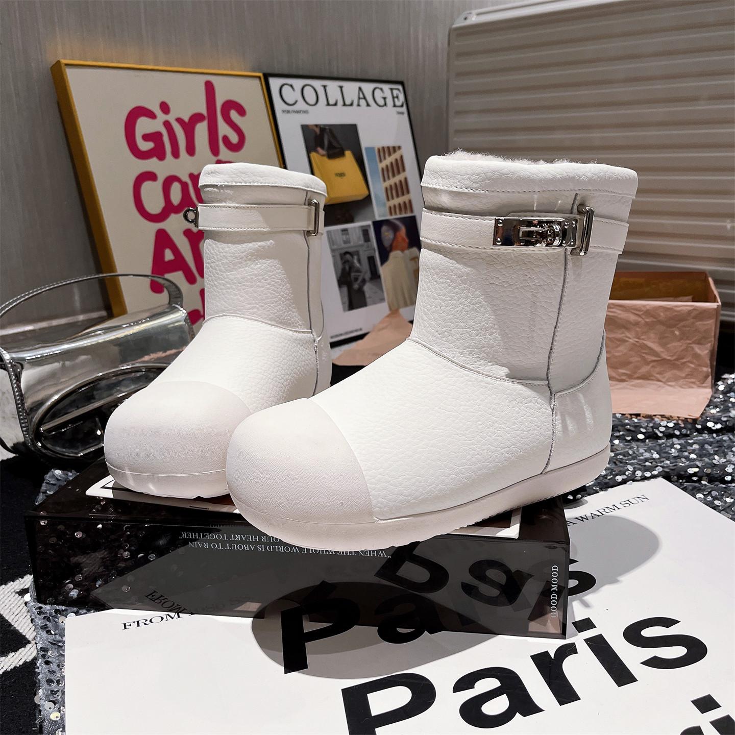 

Leather real hair metal buckle big head thickened snow cotton boots short boots flat shoes Birkenstocks bread shoes women 35