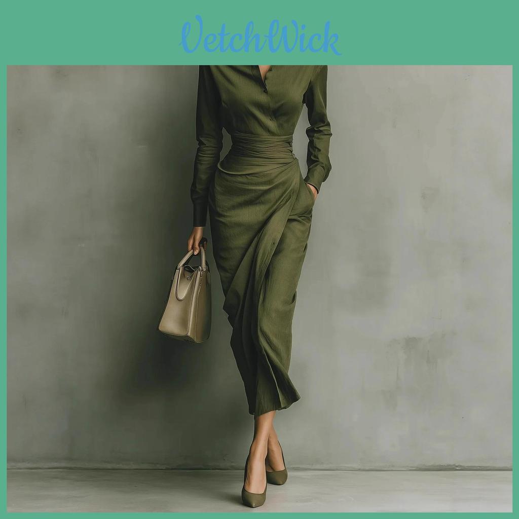 Abito Chemisier Asimmetrico a Manica Lunga in Cotone e Lino per Ufficio Elegante e Uso Casual