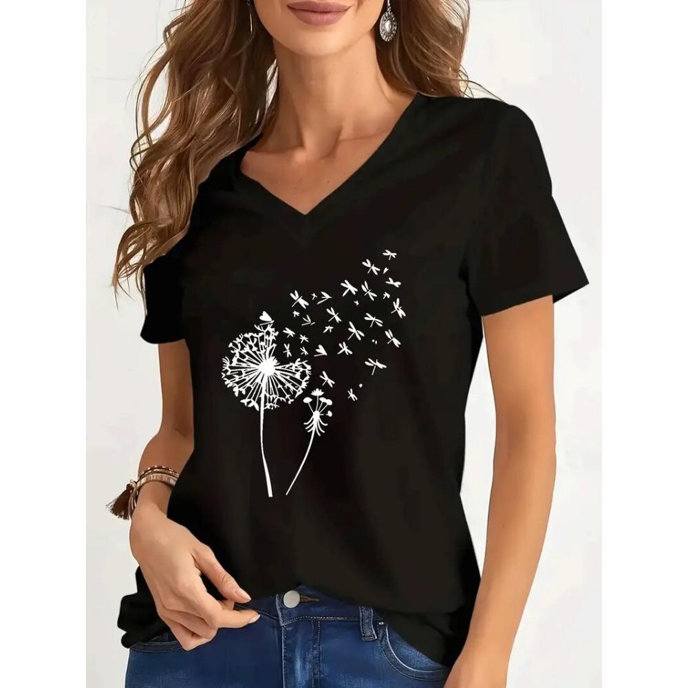 New Women T-shirt Simple Graphic Print Oversized Women's Trending Clothing Fashion Short Sleeve Shirt Women V-Neck Blouse 2025