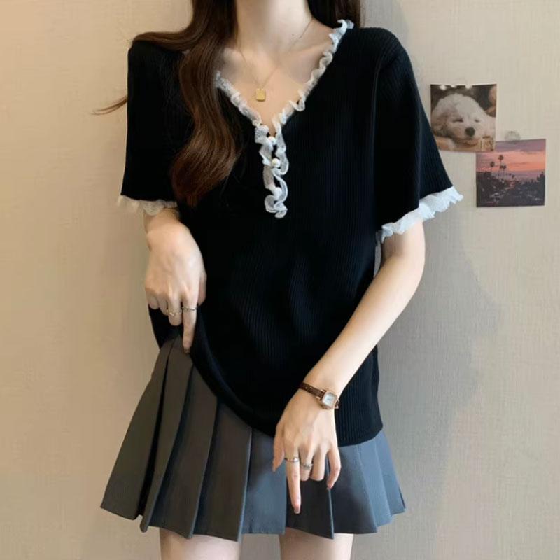 Fashionable Ruffles Spliced Pullovers Women's Clothing Solid Color Basic Summer Lace V-Neck Korean Short Sleeve Loose T-shirts