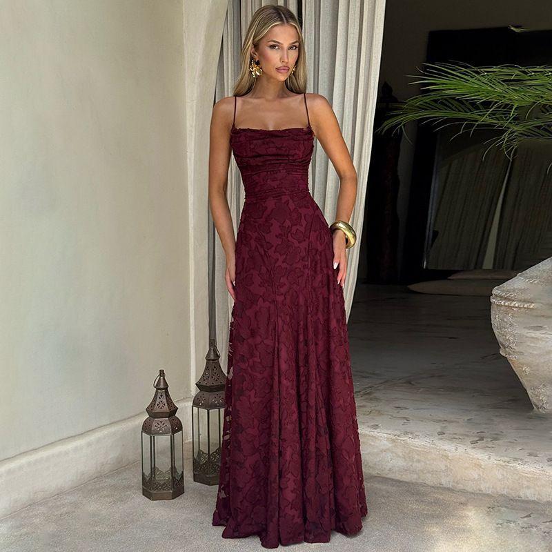 

European and American Women s Clothing 2025 Summer New Fashion Sexy Open Back Zipper Lace Splicing Sling Dress Burgundy L