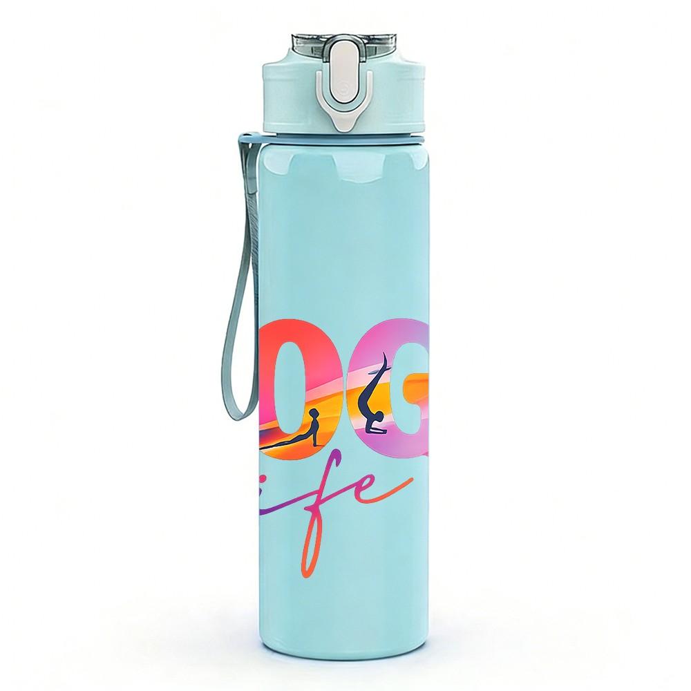 1PC Rainbow Yoga Life Letter Print 750ml Color Plastic Sports Water Bottle Leakproof Flip Straw Lid Suitable for Sports Office Home Use
