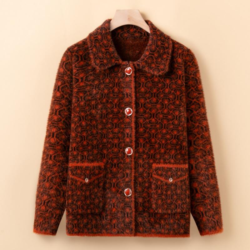 Medium Mother Imitation Mink Hair Knitted Jacket Middle-aged and Elderly Women's Clothing Thickened Large-size Sweater Jacket Old Lady Clothes