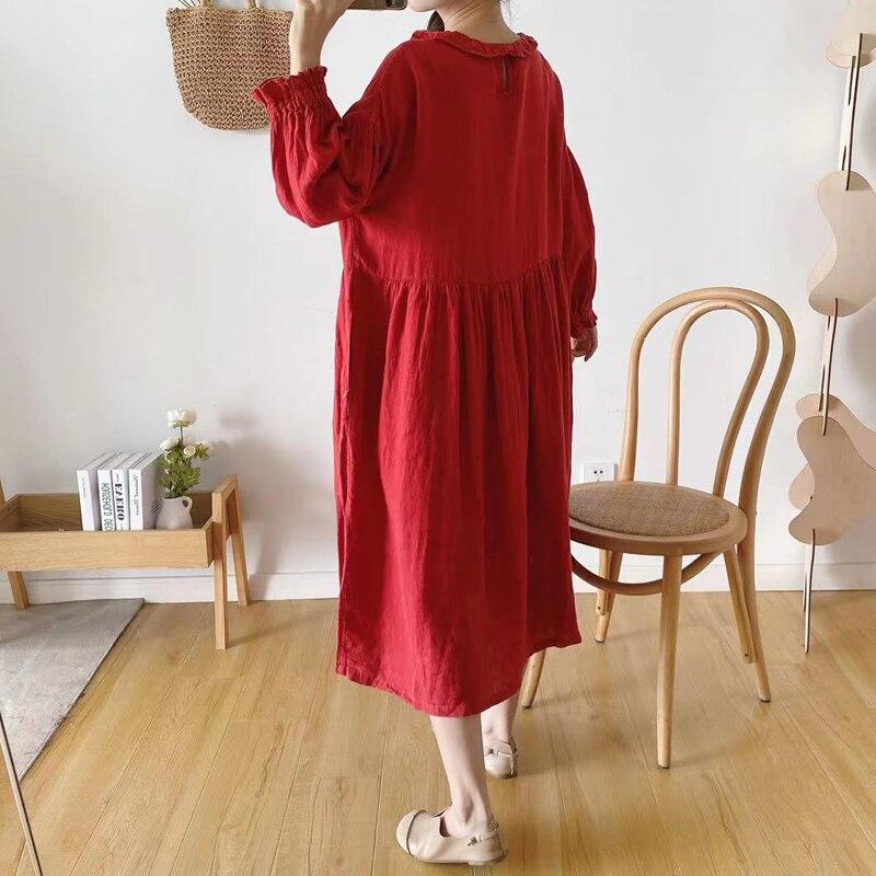 Johnature Frühling Japanischen Leinen Rüschen Kragen Kleid Frauen Vintage Einfarbig Lose Volle Hülse Aushöhlen Kleider