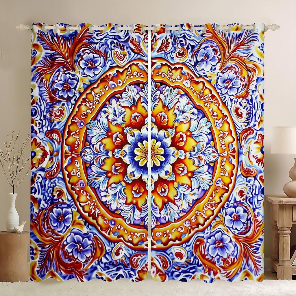 Room Darkening Mandala Curtain Vintage Tribal Exotic Floral Window Curtains Drapes Southwestern Colorful Retro Flower Bohemian Polyester Washable