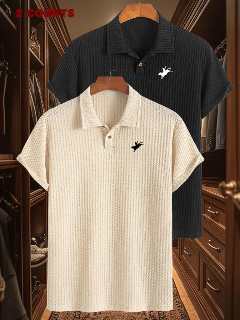 2pcs Men's Golf Polo Shirts with Denim Print Short Sleeve Polo T Shirts, Casual Comfortable Soft Knit Lapel Collar, Ideal for Daily Business Wear
