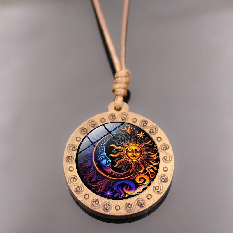 Sun Moon Goddess Time Round Wooden Vintage Brown Wax Rope Jewelry Pendant Necklace