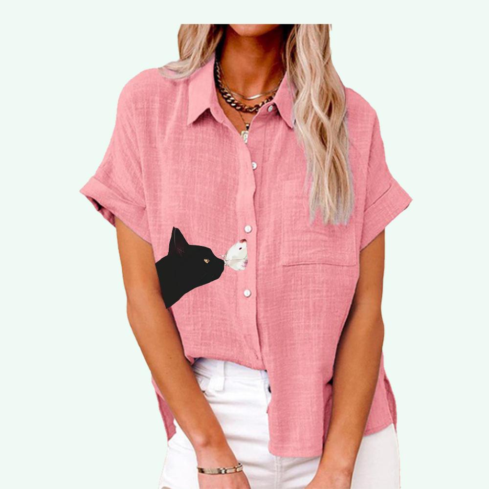 Sommer- und Herbstmodisches Revers-Oberteil für Damen mit Katzen-Print, kurzärmeliges T-Shirt, lässige Leinenblusen mit Tasche