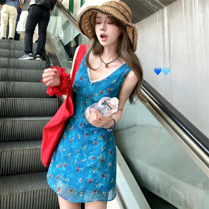 Small French Blue Floral Dress Children's Summer New Temperament Beautiful Seaside Holiday Skirt