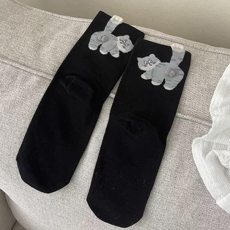 

1 пара Носки с принтом, приятные к коже, красочные, дышащие, с рисунком кота и яйца, теплые, на каждый день, милые, многоэлементные, удобные, мультяшные, легкие чёрный